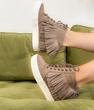 Nick Fringe Sneaker Wedge in Taupe