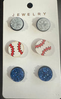 School Teacher Sports Wooden/Druzy 3 Pack Earrings-Baseball