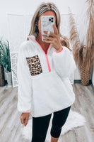 White Leopard Patch Pocket Half Zipped Fleece Sweatshirt