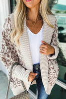 Khaki Fuzzy Leopard Ribbed Trim Pockets Lapel Collar Cardigan