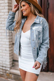 Sequined Fringe Distressed Button Up Denim Jacket