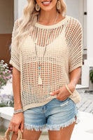 Fishnet Knit Ribbed Round Neck Short Sleeve Tee