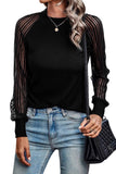 Black Basic Crew Neck Dressy Striped Mesh Long Sleeve Top