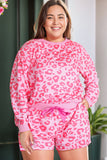 Pink Leopard Long Sleeve Satin Tie Shorts Plus Size Outfit