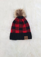 Red Buffalo Plaid Pom Beanie Hat