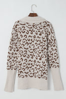 Khaki Fuzzy Leopard Ribbed Trim Pockets Lapel Collar Cardigan