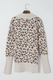 Khaki Fuzzy Leopard Ribbed Trim Pockets Lapel Collar Cardigan