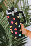 Black Cute Florets 304 Stainless Double Layer Thermos Tumbler