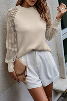 Black Basic Crew Neck Dressy Striped Mesh Long Sleeve Top