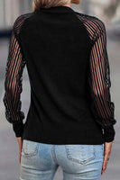 Black Basic Crew Neck Dressy Striped Mesh Long Sleeve Top