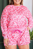 Pink Leopard Long Sleeve Satin Tie Shorts Plus Size Outfit