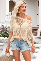 Fishnet Knit Ribbed Round Neck Short Sleeve Tee