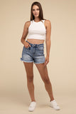 Mid Rise Raw Frayed Hem Denim Shorts