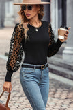 Black Casual Leopard Transparent Peasant Sleeve Shirt