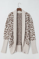 Khaki Fuzzy Leopard Ribbed Trim Pockets Lapel Collar Cardigan