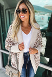 Khaki Fuzzy Leopard Ribbed Trim Pockets Lapel Collar Cardigan