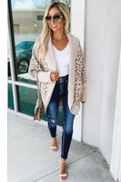 Khaki Fuzzy Leopard Ribbed Trim Pockets Lapel Collar Cardigan