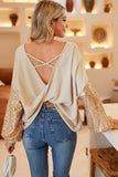 Black Cross Backless Sequin Bishop Sleeve Top
