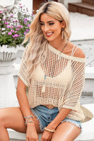 Fishnet Knit Ribbed Round Neck Short Sleeve Tee