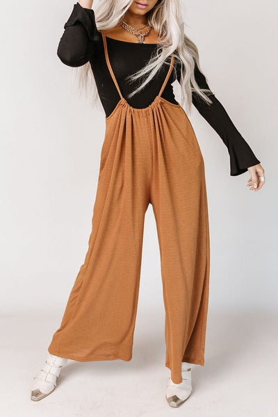 High Rise Drawstring Wide Leg Suspender Pants