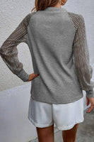 Black Basic Crew Neck Dressy Striped Mesh Long Sleeve Top