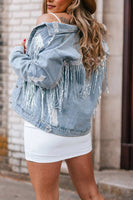 Sequined Fringe Distressed Button Up Denim Jacket