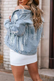 Sequined Fringe Distressed Button Up Denim Jacket