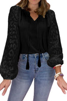 Black Leopard Lantern Sleeve Fringe Tie Front Blouse