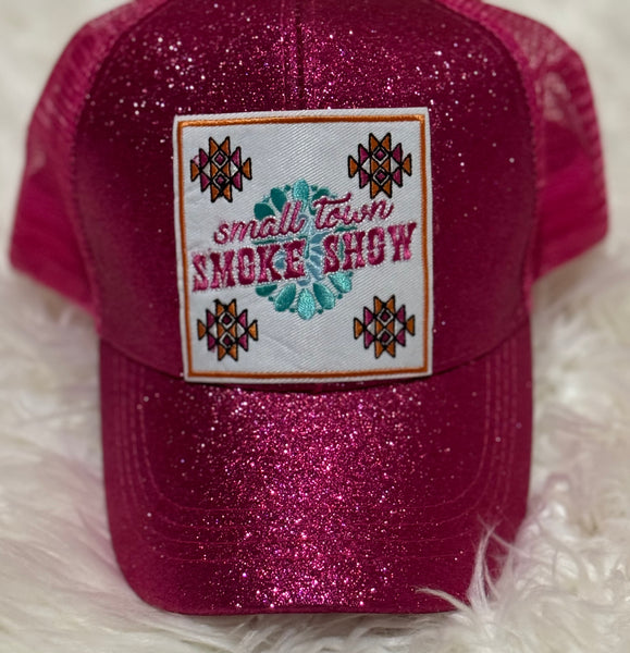 Small Town Smokeshow Fuschia Glitter Ponytail Trucker Hat