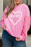 Pink Plus Size XOXO Heart Print Sequined Sleeve Sweatshirt