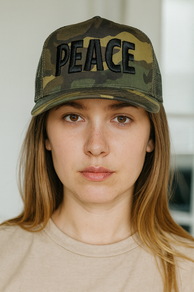 PEACE ON A TWILL CAMO HAT
