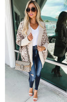 Khaki Fuzzy Leopard Ribbed Trim Pockets Lapel Collar Cardigan