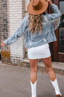 Sequined Fringe Distressed Button Up Denim Jacket