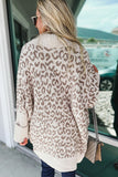 Khaki Fuzzy Leopard Ribbed Trim Pockets Lapel Collar Cardigan