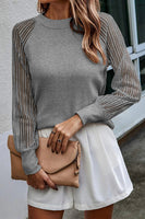 Black Basic Crew Neck Dressy Striped Mesh Long Sleeve Top