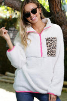 White Leopard Patch Pocket Half Zipped Fleece Sweatshirt