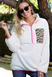 White Leopard Patch Pocket Half Zipped Fleece Sweatshirt