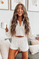 White Waffle Knit Buttoned Long Sleeve Crop & Shorts Lounge Set