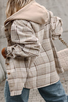 Khaki Printed Plus Size Plaid Print Contrast Hooded Shacket