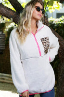 White Leopard Patch Pocket Half Zipped Fleece Sweatshirt