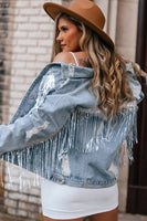 Sequined Fringe Distressed Button Up Denim Jacket