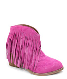 Amos Fringe Ankle Bootie in Magenta Suede