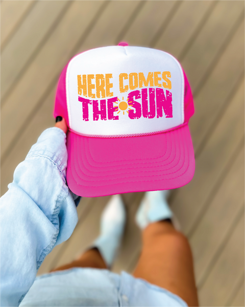 Here Comes The Sun DTF Printed Hot Pink and White Trucker Hat