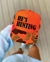 He's Hunting DTF Printed Orange Camo and Orange Trucker Hat