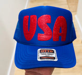 USA In Red Glitter Puff Vinyl Printed Royal Blue Trucker Hat