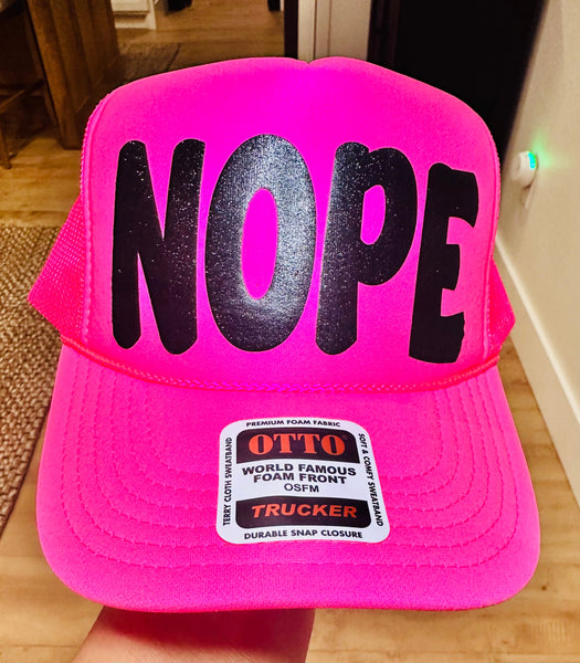 3D Glitter Puff Black Vinyl Nope on Neon Pink Foam Trucker Hat