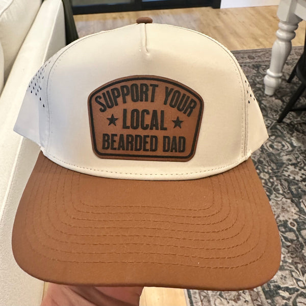 Support Your Local Bearded Dad Mens Leather patch on a Laser Perforated Hat