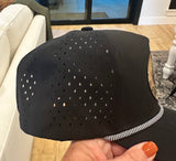 Over Par and Under The Influence Golf ball textered leather hat patch on Black Performance Rope Hat