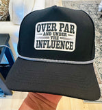 Over Par and Under The Influence Golf ball textered leather hat patch on Black Performance Rope Hat