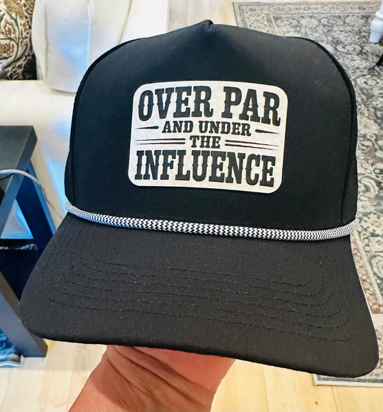 Over Par and Under The Influence Golf ball textered leather hat patch on Black Performance Rope Hat